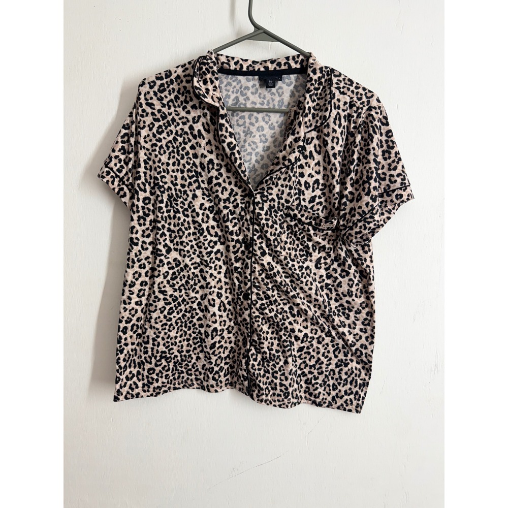 Tahari Leopard Print Pajama Top Short Sleeve Button Down Animal Print L WA3577